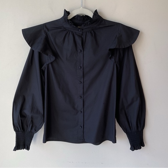 Sugarlips Malbec Ruffle Button Front Black Poplin Blouse Size XS - Picture 4 of 9